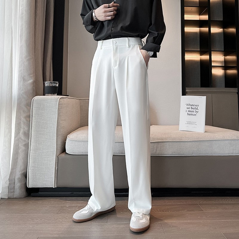 New Men Suit Pants Solid Full Baggy Casual Wide Leg Trousers Khaki Black White Straight Bottoms Streetwear Oversize Clothing 5XL