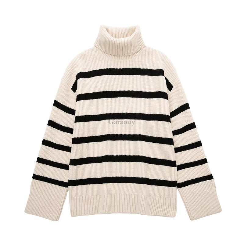 Garaouy 2022 Autumn Women's Slit Loose O Neck Long Sleeve Striped Sweater Lazy Soft Knit Jumper Female All-match Pullover Mujer