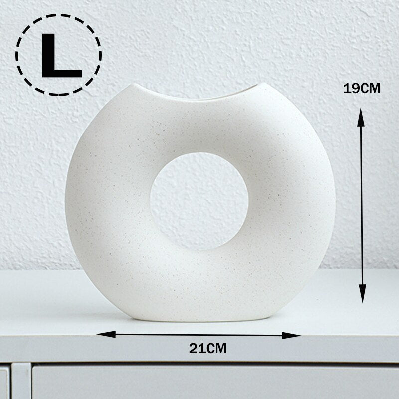 Nordic Ceramic Vase Circular Hollow Donuts Flower Pot Home Living Room Decoration Accessories Interior Office Desktop Decor Gift