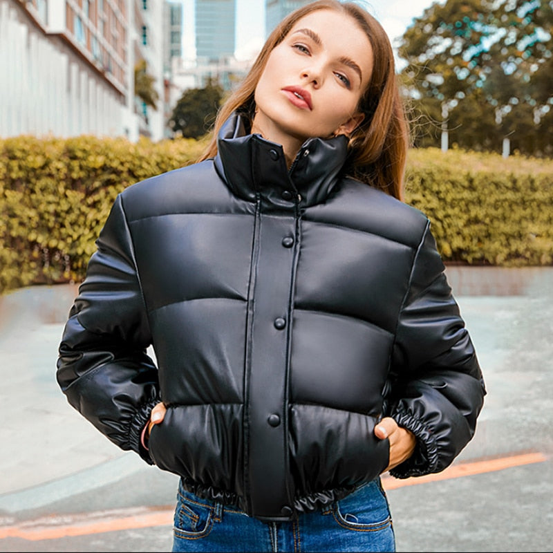 Winter Warm Thick PU Leather Coats Women Short Parkas Fashion Black Cotton Padded Lady Down Jacket Elegant Zipper Clothes 2022