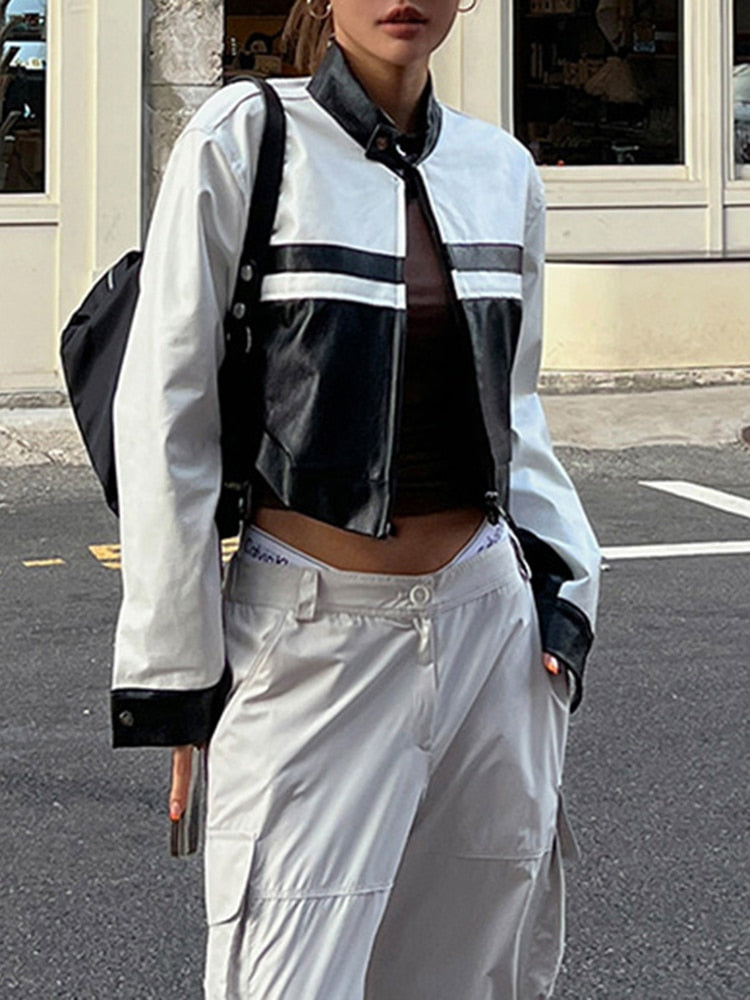 SUCHCUTE Korean Street Contrast Black White Print Leather Jackets Motorcycle O Neck PU Coats Zip Up Moto & Biker Women Tops 가죽자켓