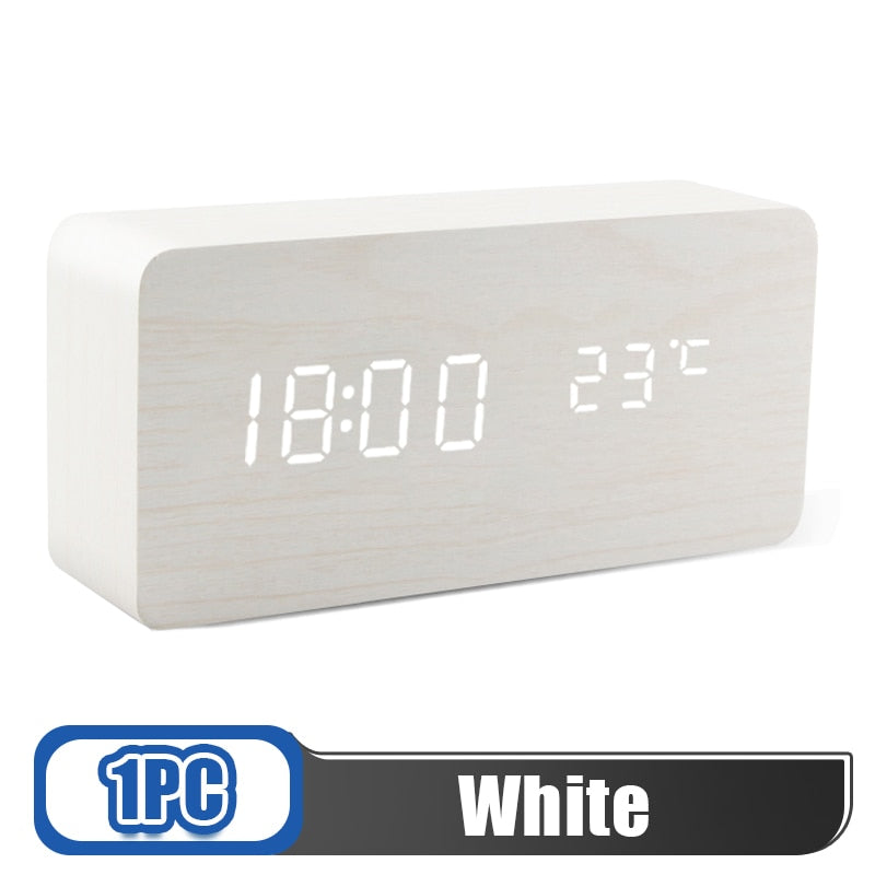 Alarm Clock LED Wooden Digital Table Clock Voice Control Wood Despertador USB/AAA Powered Electronic Desktop Clocks