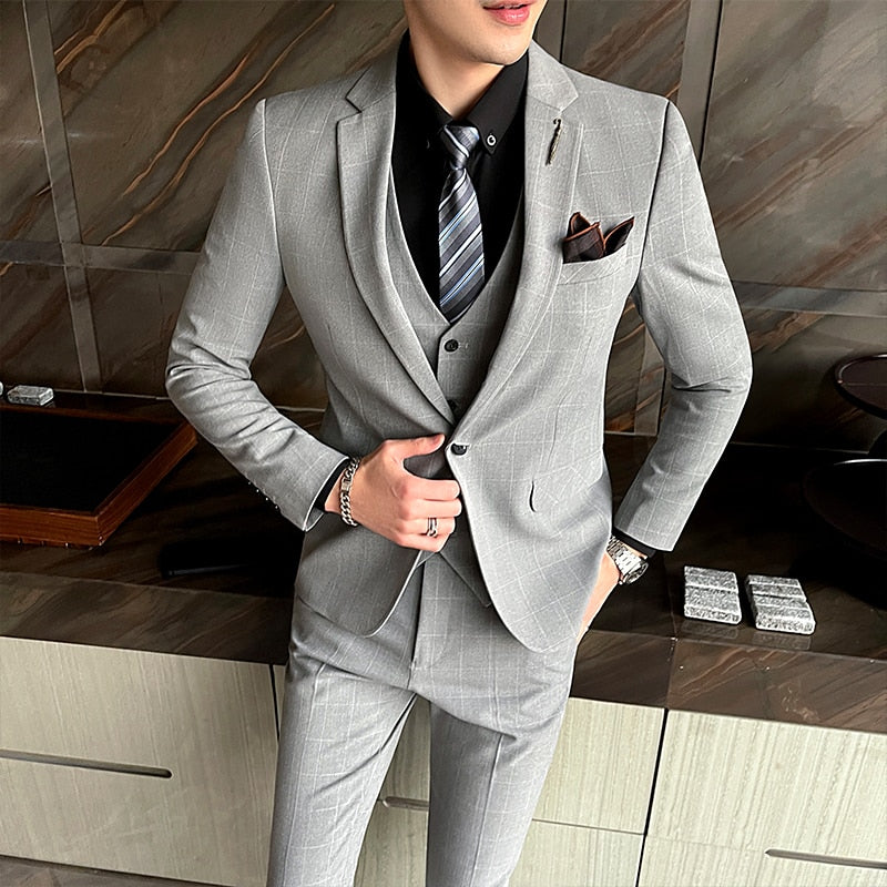 Suit Jacket Pants Vest 3 Pcs Set / Fashion New Men&