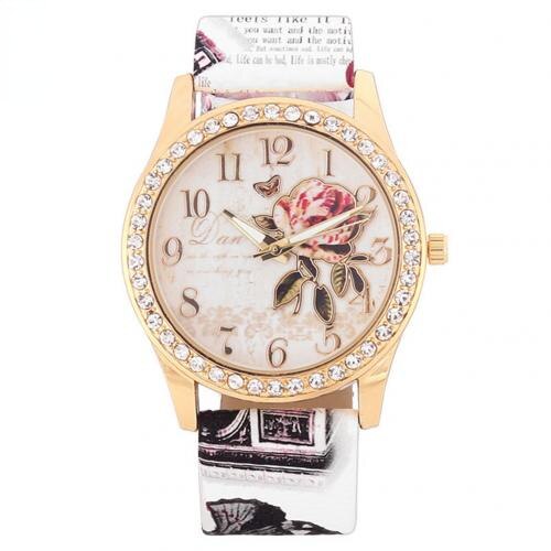 Fashion Women Rhinestone Quartz Watch Print Rose Pattern Dial Ladies Watch Leather Strap Women Wrist Watch Reloj  Montre