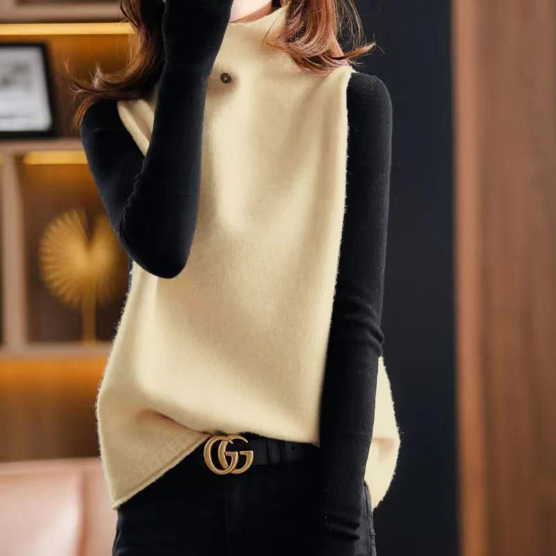 Fashion Turtleneck Button Knitted Korean Vest Sweater Women's Clothing 2022 Autumn New Casual Pullovers All-match Commute Tops