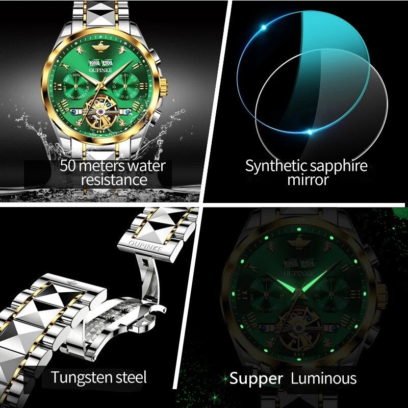 OUPINKE Luxury Automatic Mechanica Watches For Men Luminous Waterproof Sapphire Moon Phase Chronograph Wristwatch