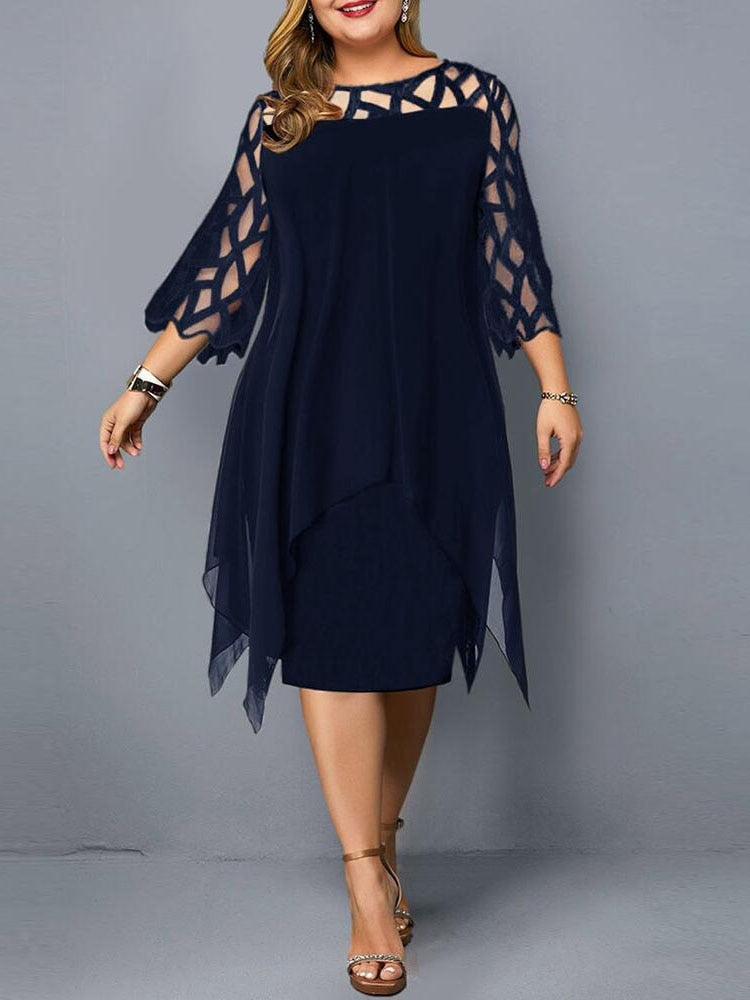 Elegant Midi Party Dress For Chubby Women Xxl O Neck Lace Sleeve Hollow Out Solid Sexy Women&#39;S Clothing  Evening Dresses 2022