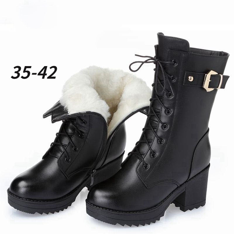 2022 Winter Leather Women Winter Boots Thick Wool Warm Women High-heeled Genuine Boot High-quality Female Snow Boots Women Shoes