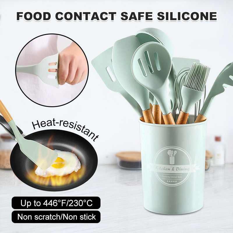 Silicone Kitchen Utensils Set Non-Stick Cookware for Kitchen Wooden Handle Spatula Egg Beaters Kitchenware Kitchen Accessories