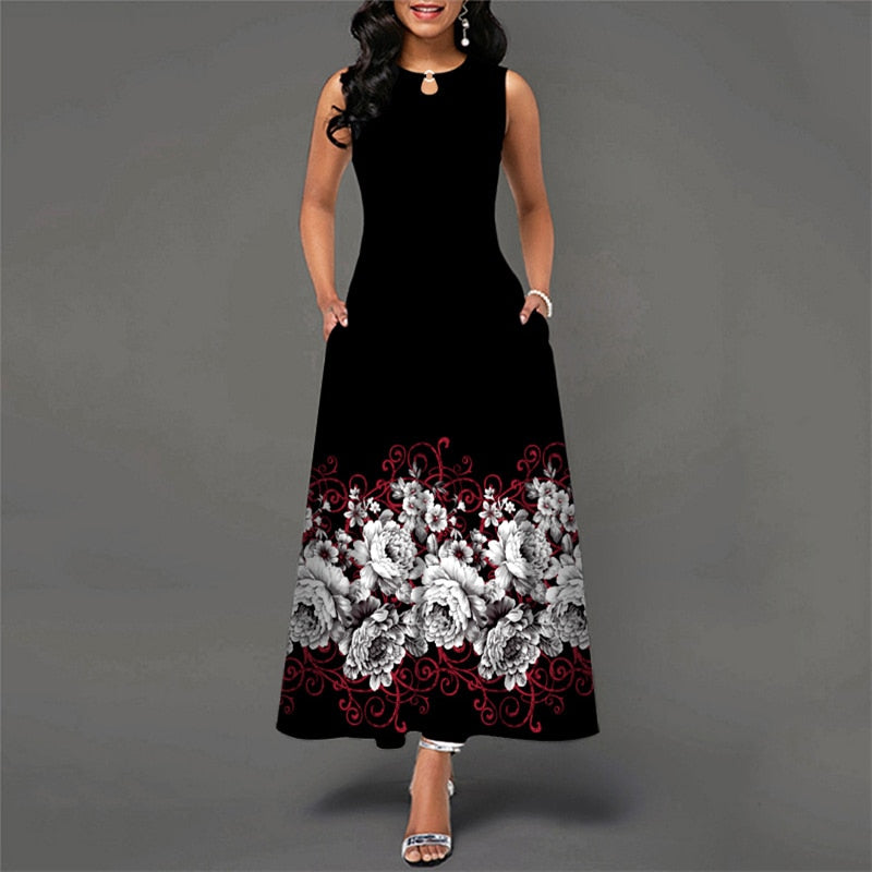 Bohemian Floral Printing Hollow Out Elegant Dresses For Women Large Swing Sexy High Waist Maxi Party Slim Tank Sleeveless Dress