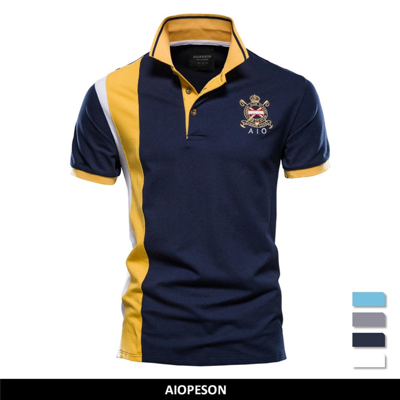 AIOPESON 100% Cotton Badge Embroidery Polo Shirt for Men Short-sleeved Patchwork Men&