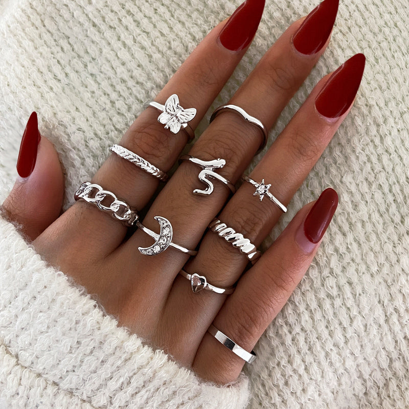 LATS Bohemian Gold Color Chain Rings Set for Women Fashion Boho Coin Snake Moon Star Rings Party 2022 Female Trend Jewelry Gifts