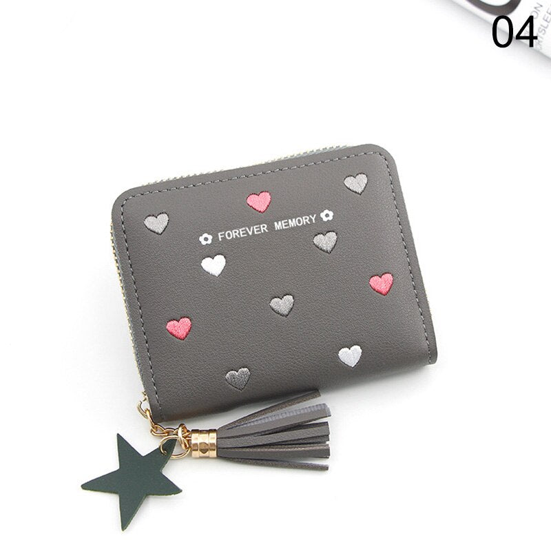 Heart-shaped Spots Women Mini Tassel Wallet Ladies Cute Girl Short Zipper Lovely PU Leather Coin Purse Female Money Bag