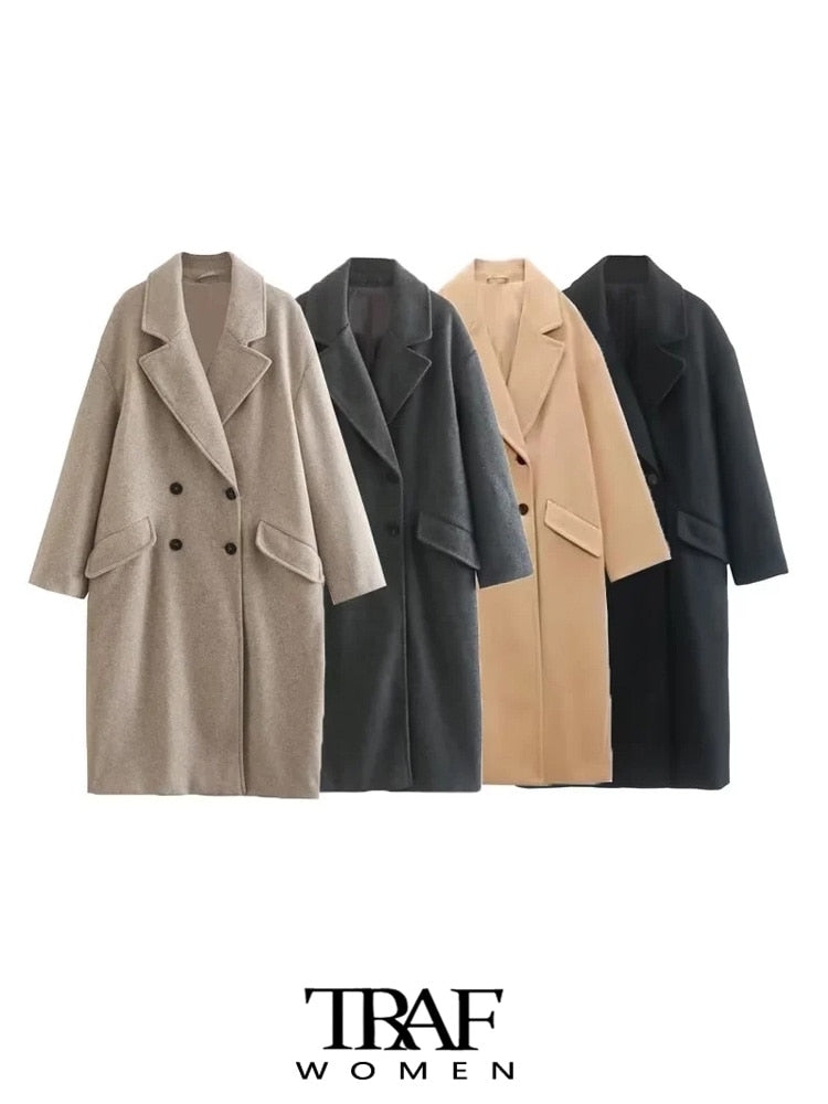 TRAF Women Fashion Oversized Double Breasted Woolen Coat Vintage Long Sleeve Flap Pockets Female Outerwear Chic Overcoat