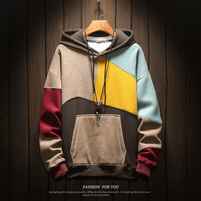 Couples Style Stitching Contrast Thick Hoodie Autumn and Winter Mens Fashion Plus Velvet Harajuku Hoodie Plus Size Clothes