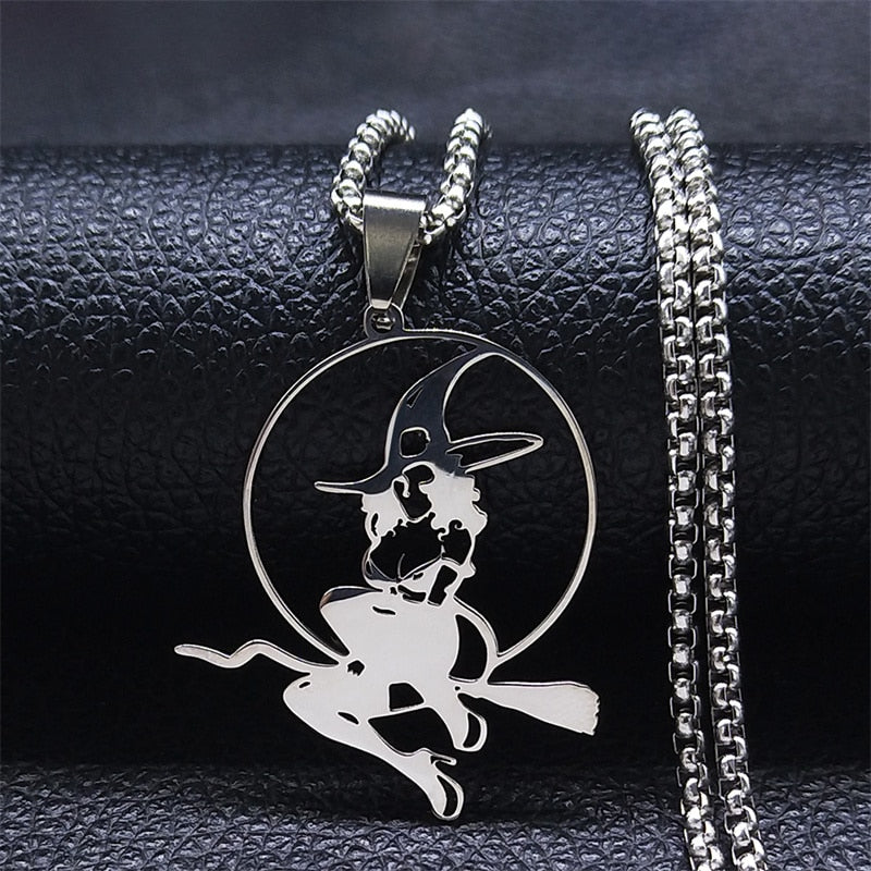 Witch Broom Cat Stainless Steel Necklace Women Witchcraft Silver Color Witches&