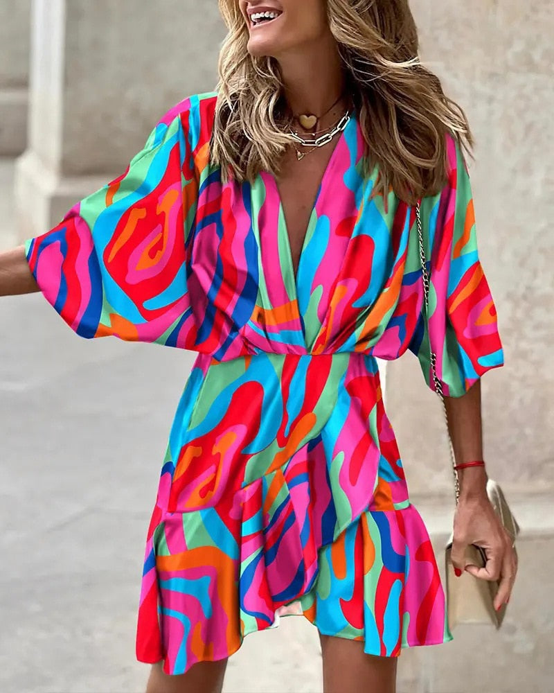 autumn Irregular Mini Dress For Women Fashion Print Casual Bohemia Style Vacation Sundress Women&