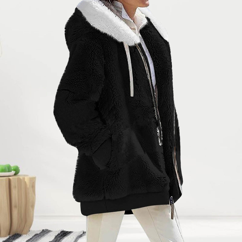 Jacket Autumn Winter Long Sleeve Warm Women Color Block Zipper Fluff Hooded Coat Jacket