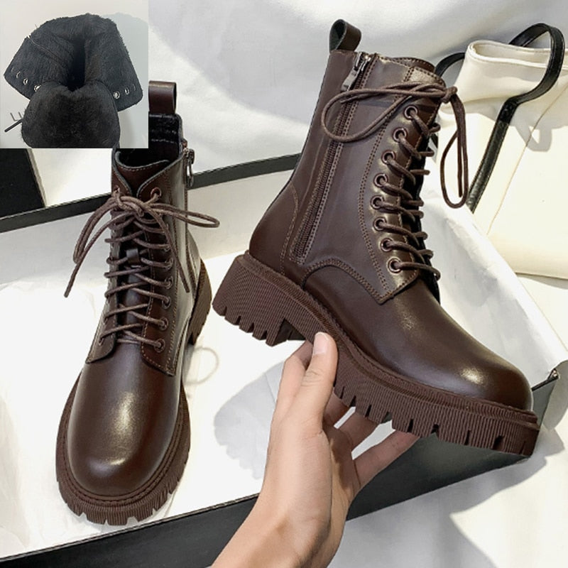 Lucyever Brown Platform Ankle Boots Women Autumn Winter Thick Bottom Motorcycle Boots Woman Thicken Warm Lace Up Shoes Ladies