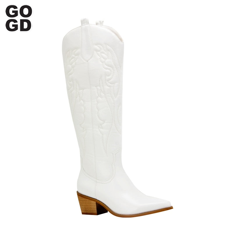 GOGD Retro Autumn Winter White Knee High Boots Big Size 41 Women Comfy Walking Female Western Cowboy Boot For Dropshipping Shoes