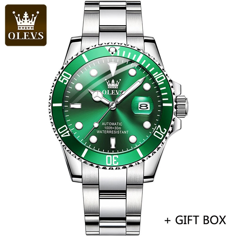 OLEVS Automatic Mechanical Wristwatch Military Sport Date Stainless Steel Male Clock Top Brand Luxury Gold Green Men Watch 6650