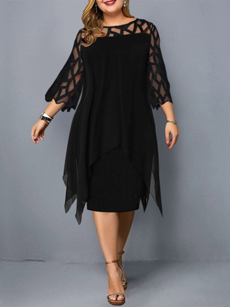 Elegant Midi Party Dress For Chubby Women Xxl O Neck Lace Sleeve Hollow Out Solid Sexy Women&