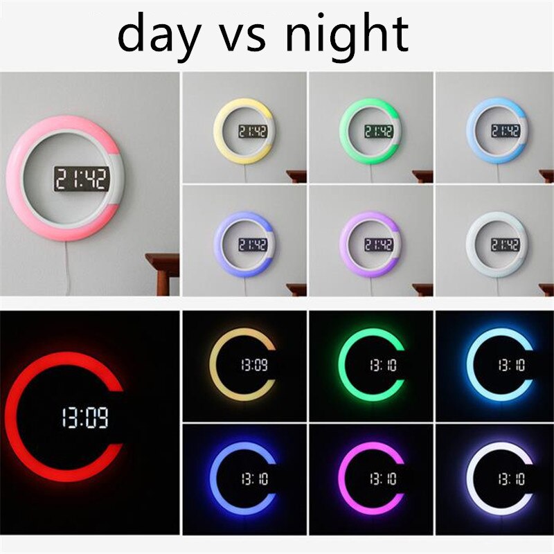 Three Colors 3D Remote Control LED Wall Clock Timing Digital Table Alarm Clock Wall Clock Nightlight For Home Living Room 2#