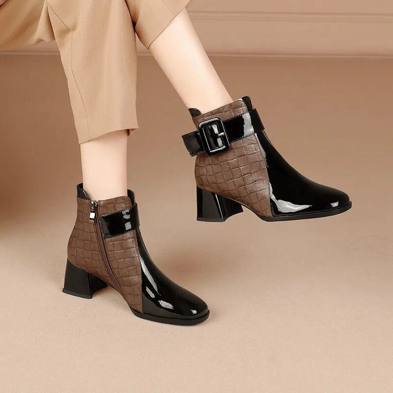 2022 Autumn Women Ankle Boots Pu Leather Thick High Heel Short Boots Winter Zip Square Toe Shoes Lady Women Shoes