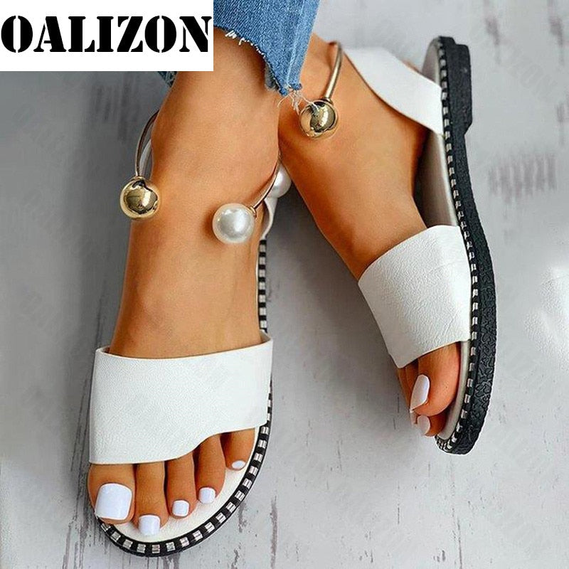 2022 New Summer Women Beaded Pearly Sandals Slippers Shoes Ladies Flats Sandals Flip Flop Casual Flat Slingback Sandals Shoes