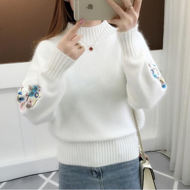 Fashion Stand Collar Solid Color Embroidery Sweater Women&