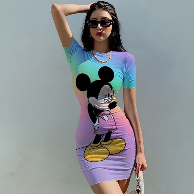 Disney Mickey Mouse Woman Dresses Elegant Dress Office Tight Slim Lady O Neck Summer Casual Cartoon 3D print Mini Dress Vestidos