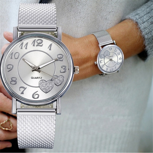 Vintage Watch Women Silver Gold Mesh Love Heart Wristwatches Fashion Casual Women&#39;s Quartz Watches Relogio Feminino часы женские