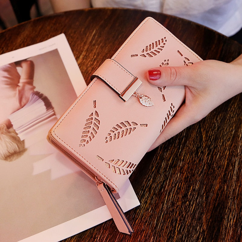 EXBX Women Wallet Hollow Golden Leaf Buckle Wallet PU Leather Purse Female Long Wallet for Women Coin Purse Card Holders Clutch