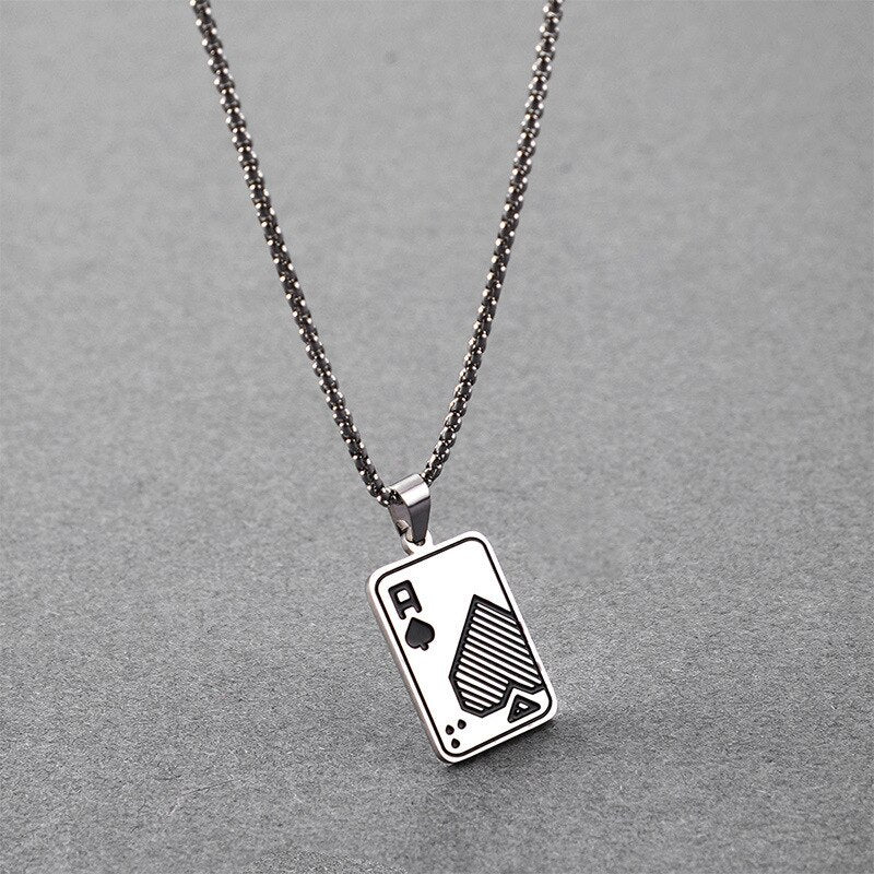 Men Statement Poker Lucky Ace of Spades Pendant Necklace Red Black Silver Color Stainless Steel Long Chain Necklaces Jewelry