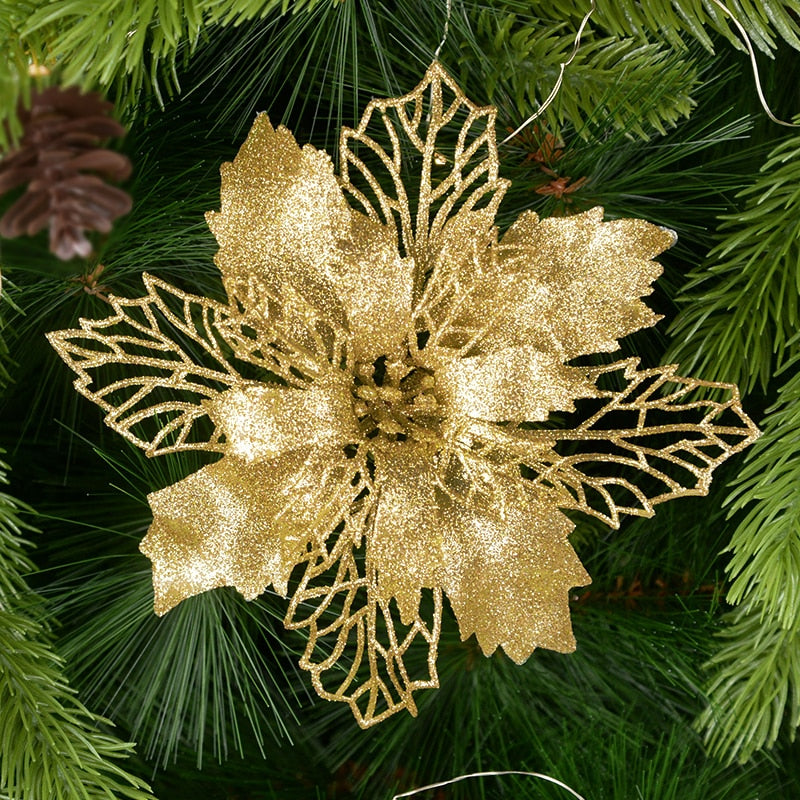 5pcs 9-16cm Glitter Artifical Christmas Flowers Christmas Tree Decorations for Home Fake Flowers Xmas Ornaments New Year Decor