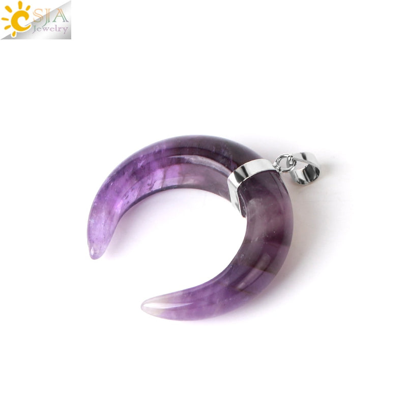 CSJA Natural Stones Crescent Moon Necklaces Pendants Purple Crystal Pink Quartz White Stone Gold Color Reiki Women F306