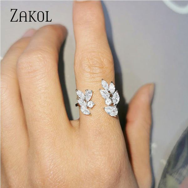 ZAKOL New Fashion Charm AAA Cz Wedding Ring Leaf Shape Clear Cubic Zirconia Rings for Women Party Jewelry Wholesale