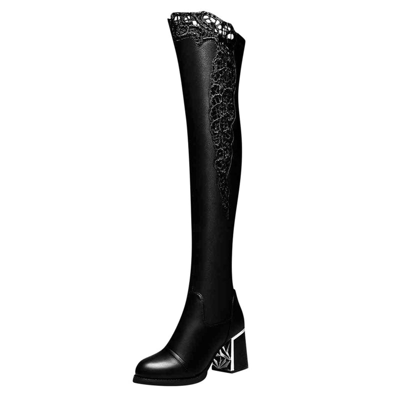 Women Embroidered Lace Knee Bare Boots Square High Heel Casual Long Tube Booties Lady Sexy Over Knee Thigh High shoes lady