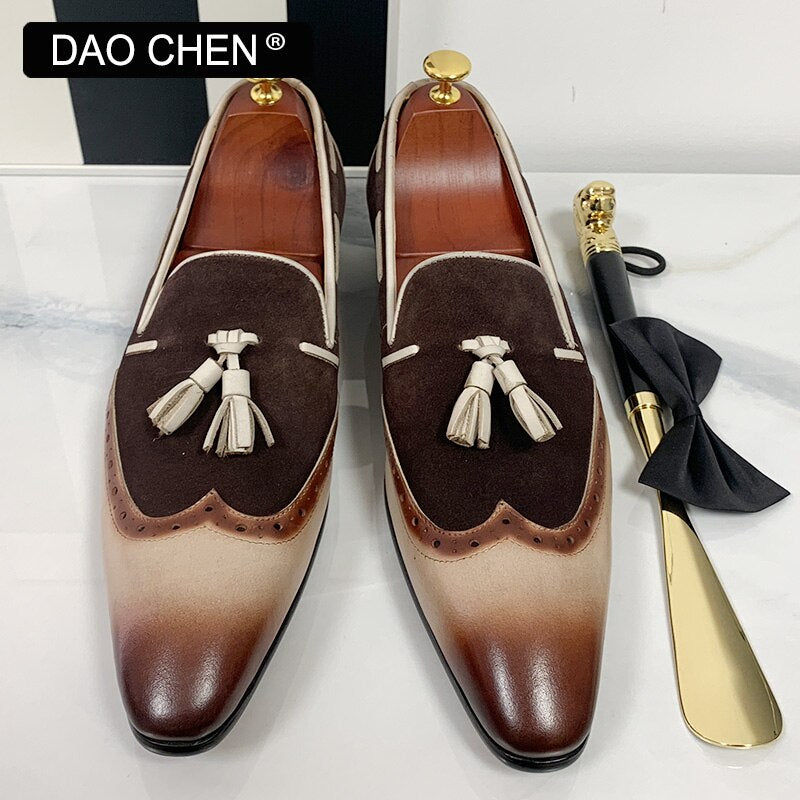 ITALIAN MEN'S CASUAL SHOES BLACK COFFEE MIXED COLOR WINGTIP ELEGANT DRESS SHOES WEDDING OFFICE GENUINE LEATHER LOAFERS MEN SHOES