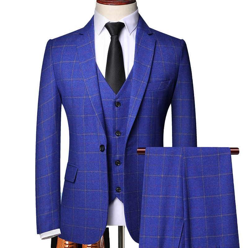 ( Blazer + Vest + Pants ) High-end Brand Fashion Plaid Men&