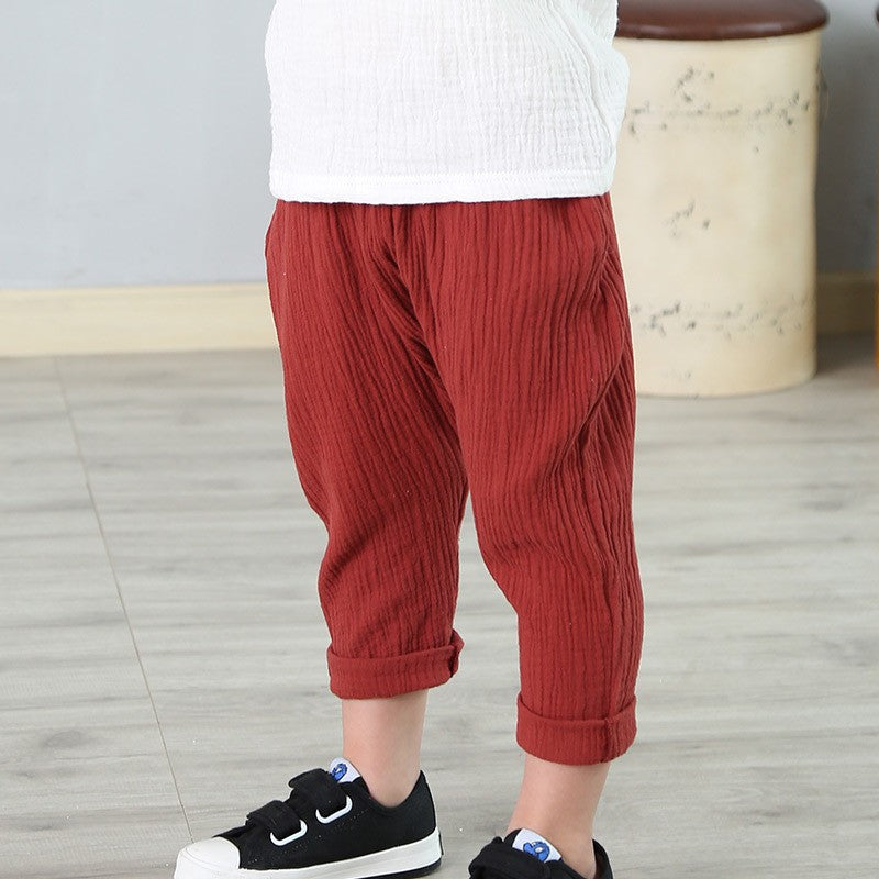 New 2-7y 2022 Summer Solid Color Linen Pleated Children Ankle-length Pants for Baby Boys Pants Harem Pants for Kids Child