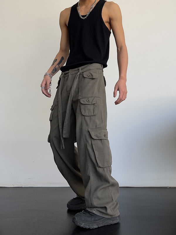 High street retro casual large pocket overalls men&#39;s and women&#39;s new summer high waist loose straight tube draped wide leg pants