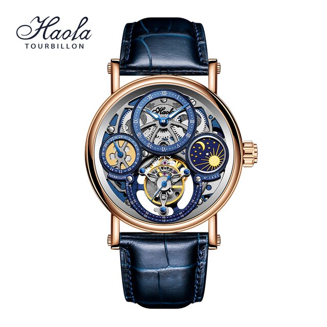 Haofa Skeleton GMT Tourbillon Movement Mens Watch Sapphire Mechancial Tourbillon Wristwatches Day And Night Moonphase Watch 1601