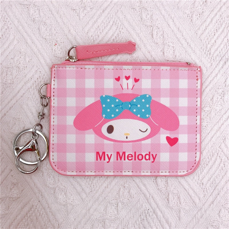 Kawaii  Sanrio Cartoon Bag Cinnamoroll Melody Pachacco Pom Pom Purin Kuromi Leather Card Holder Cute Coin Purse Keychain Pendant