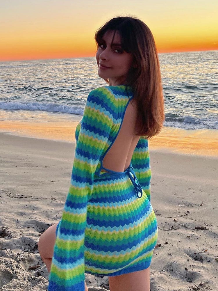 Fashion Women Dress Long Sleeve Round Neck Wrapped Tight Club Prom Birthday Celebrity Party Knit Striped Midi Dress Beachwear