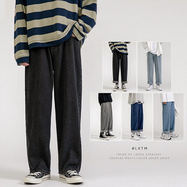 2022 New Korean Fashion Men&#39;s Baggy Jeans Classic Unisex Man Straight Denim Wide-leg Pants Hip Hop Bagy Light Blue Grey Black