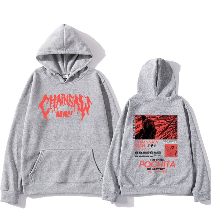 Chainsaw Man Pochita Hoodies Logo Letter Print Sweatshirts Manga Cartoon Graphic Streetwear Long Sleeve Gothic Mens Pullovers