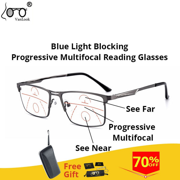 Men Progressive Reading Glasses Multifocal Women&#39;s Blue Light Blocking Computer Glasses Sport Square Frame Eyewear AntI Glare UV