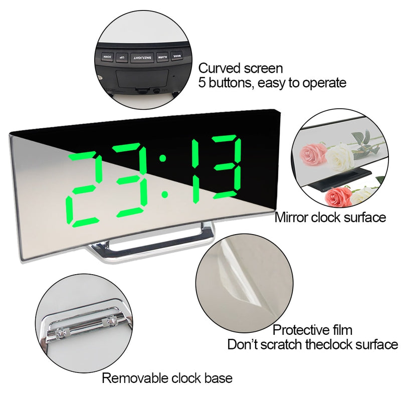 Led Alarm Clock Digital Child Electronic Alarm Clocks Curved Screen Mirror Temperature Clock with Snooze Function Desk Clock