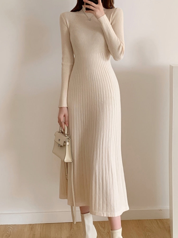 Autumn Winter 2022 Slim Long Sleeve Party Midi Dress for Women Knitted Half High Collar Elegant Knitted Sweater Dresses Ladies